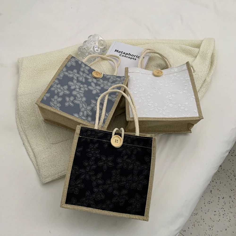 Bolso de mano ecológico de lino, bolsa de mano plegable portátil con patrón de flores de yute, gran capacidad, almacenamiento de comestibles, embalaje de regalo