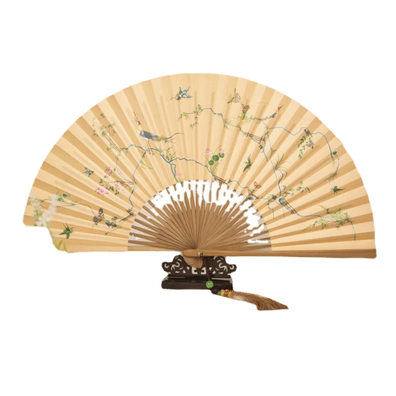 Ming Kong Fu Flower and Bird Skirt Folding Fan 8-Inch 30 Bone Oil Bamboo Ancient Style Han Chinese Clothing Fan Double-Sided