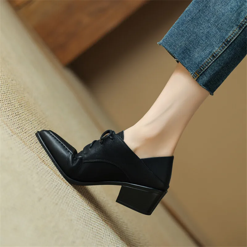 New Autumn Split Leather Lace Loafers French Retro Pointed Toe Chunky Heel Winter Women Pumps Shoes for Women Zapatos De Mujer