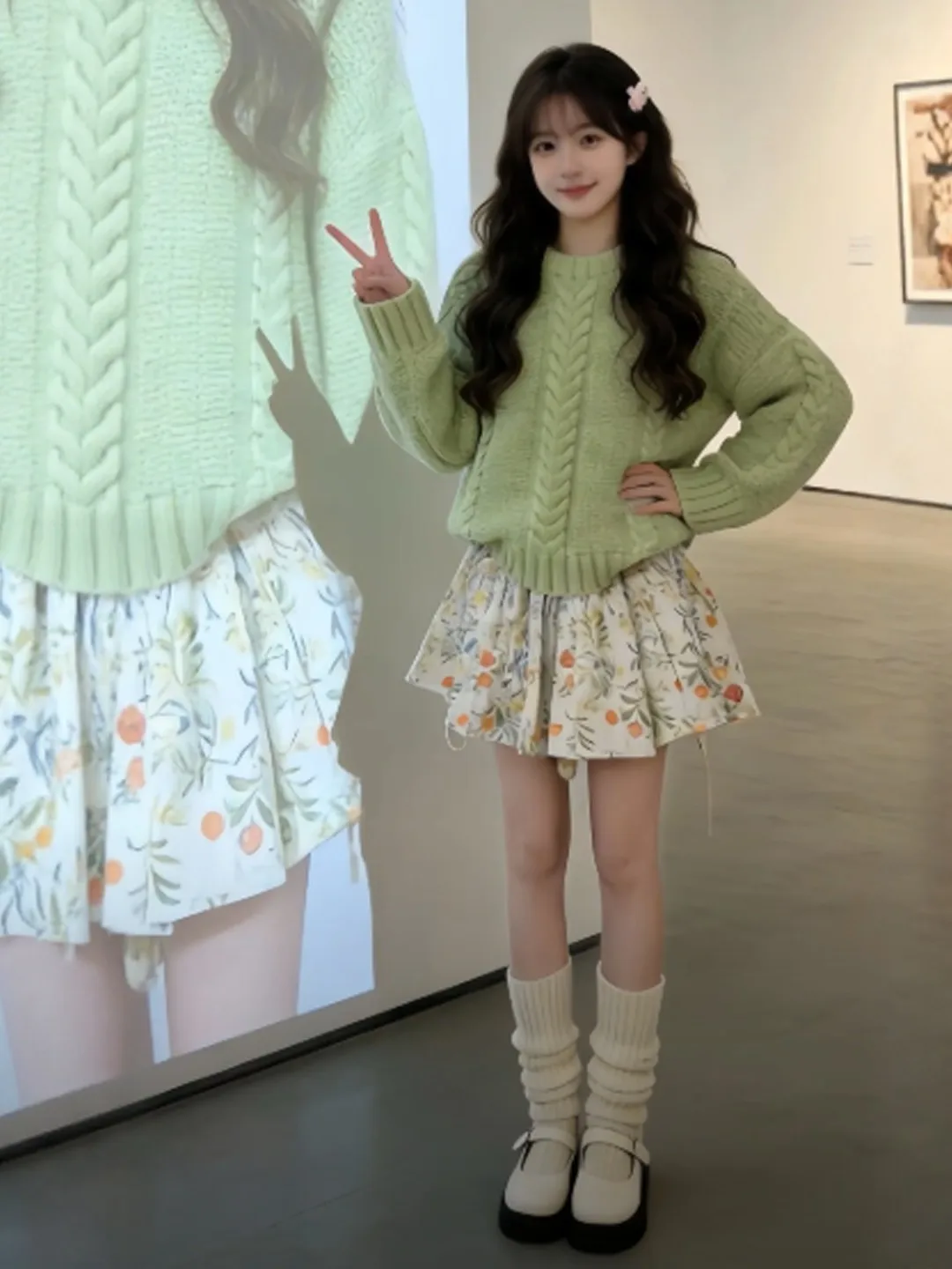 

Floral Print Sweater Dr Two-Piece Set Spring Faion Unique Small Size Anti-Aging Cute Warm Cotton High Waist round Ne