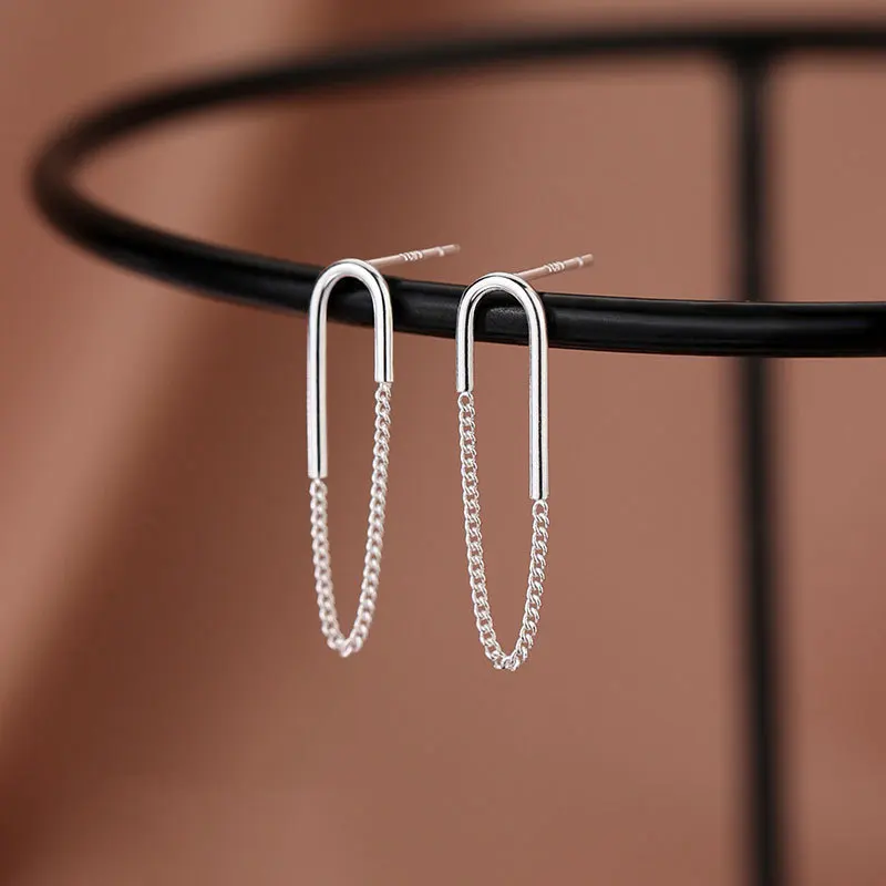 RYJ-pendientes de tuerca geométricos en forma de U para mujer, aretes sencillos de cadena francesa, Plata de Ley 925, regalo único a la moda para mujer