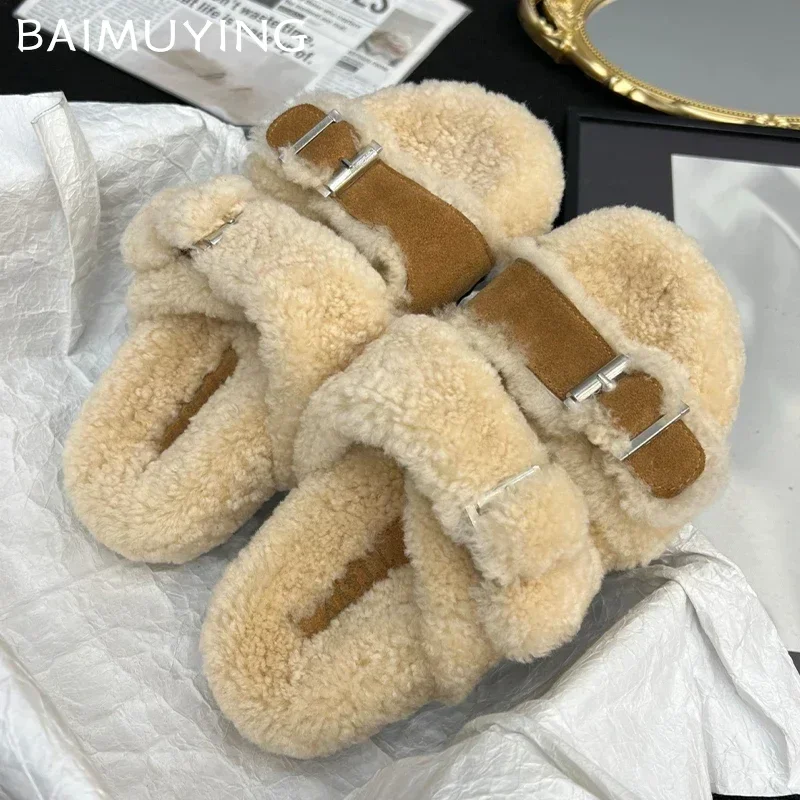 Fur Flats Platform Women Slippers Fashion Plush Cotton Shoes Winter 2024 Trend Designer Casual Thick Cozy Woman Zapatos De Mujer