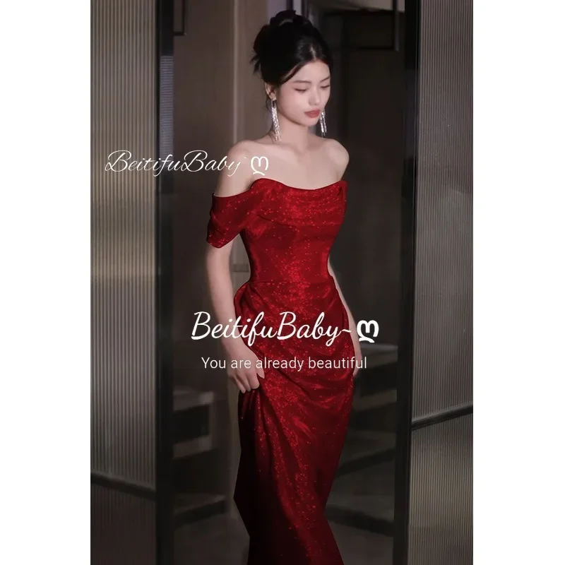 BeitifuBaby Fashion Women\'s Evening Dresses 2024 Wedding Party Elegant Off The Shoulder Banquet Gown Mermaid Ruched Formal Dress