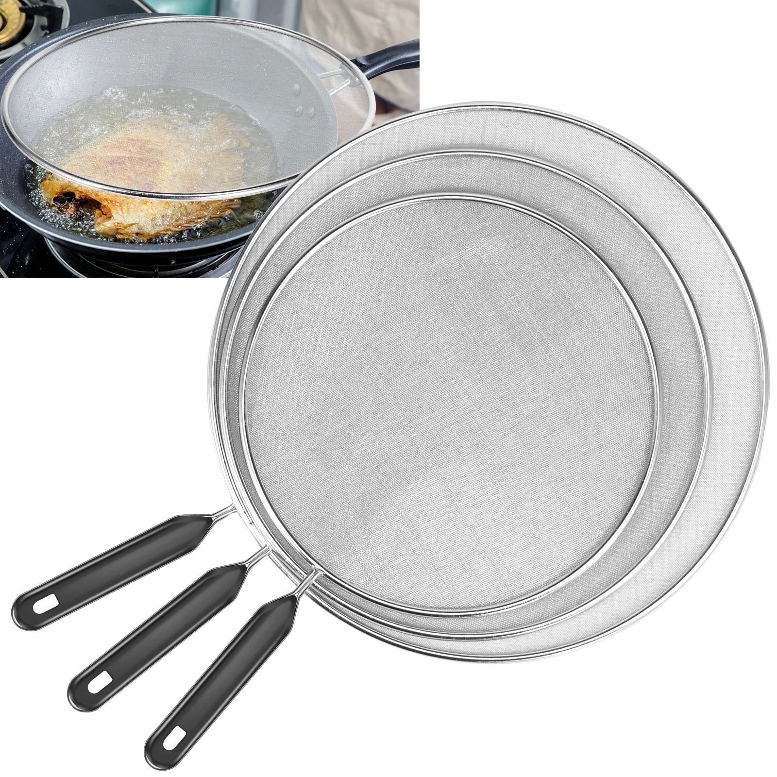 

3Pcs Cooking Frying Stainless Steel Anti Splatter Guard Oil Net Grease Splatter Screen Pan Mesh Guard Screen Splash Cover set