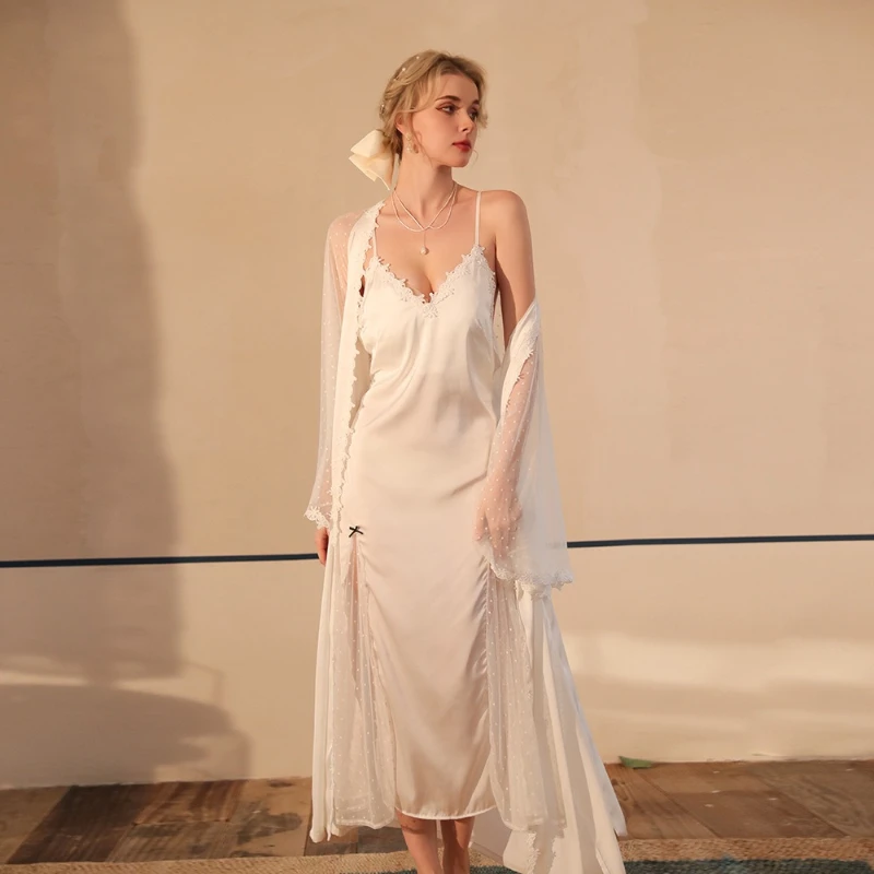 2026 New Hot Selling Slim Suspender Back Hollow Sexy Satin Dress and Mesh Outer Robe Two-piece Set