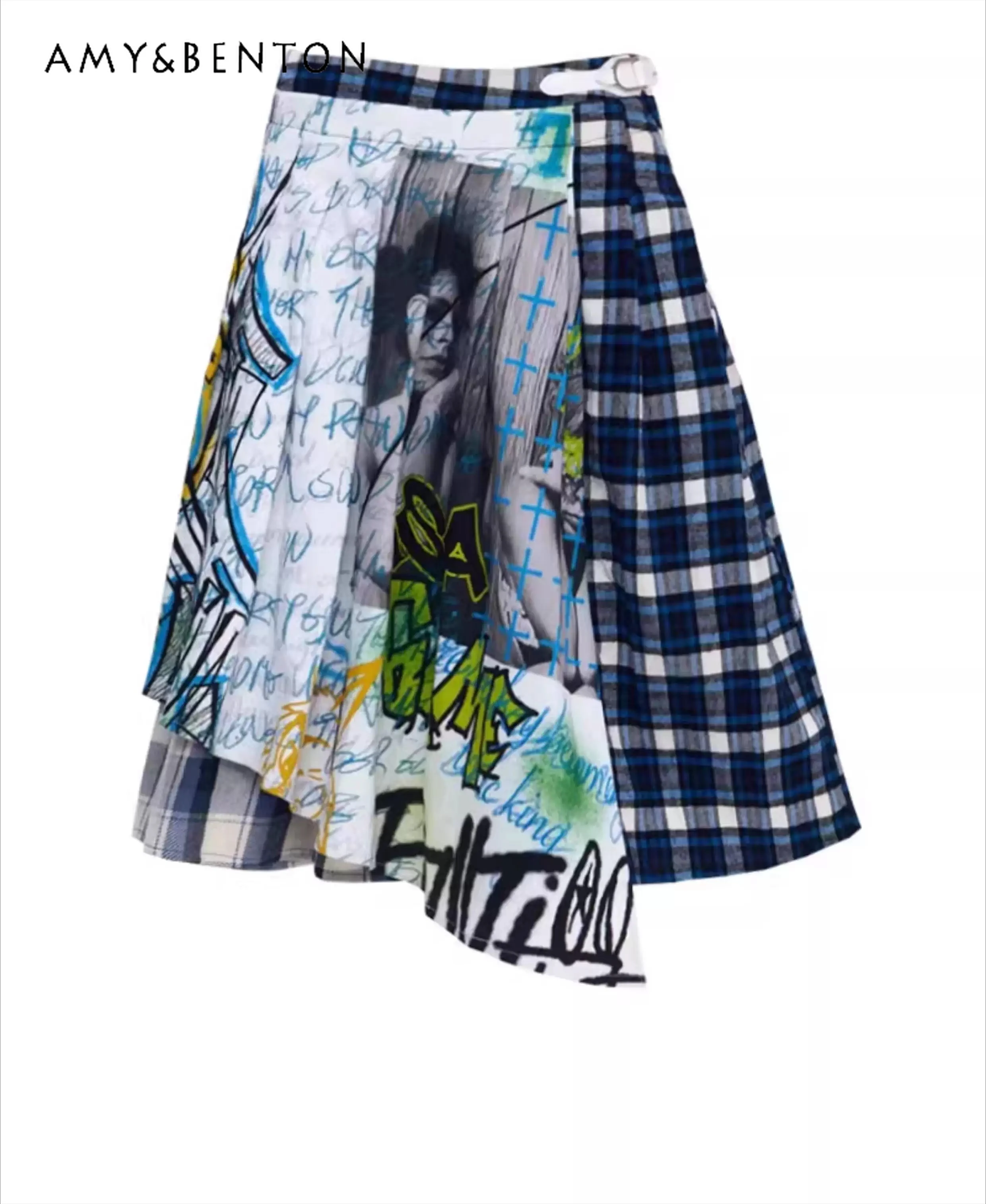 

2025 Summer New Women's Irregular Plaid Patchwork Graffiti Letter Print Belt Design Black and White Loose Mid-Length Skirt