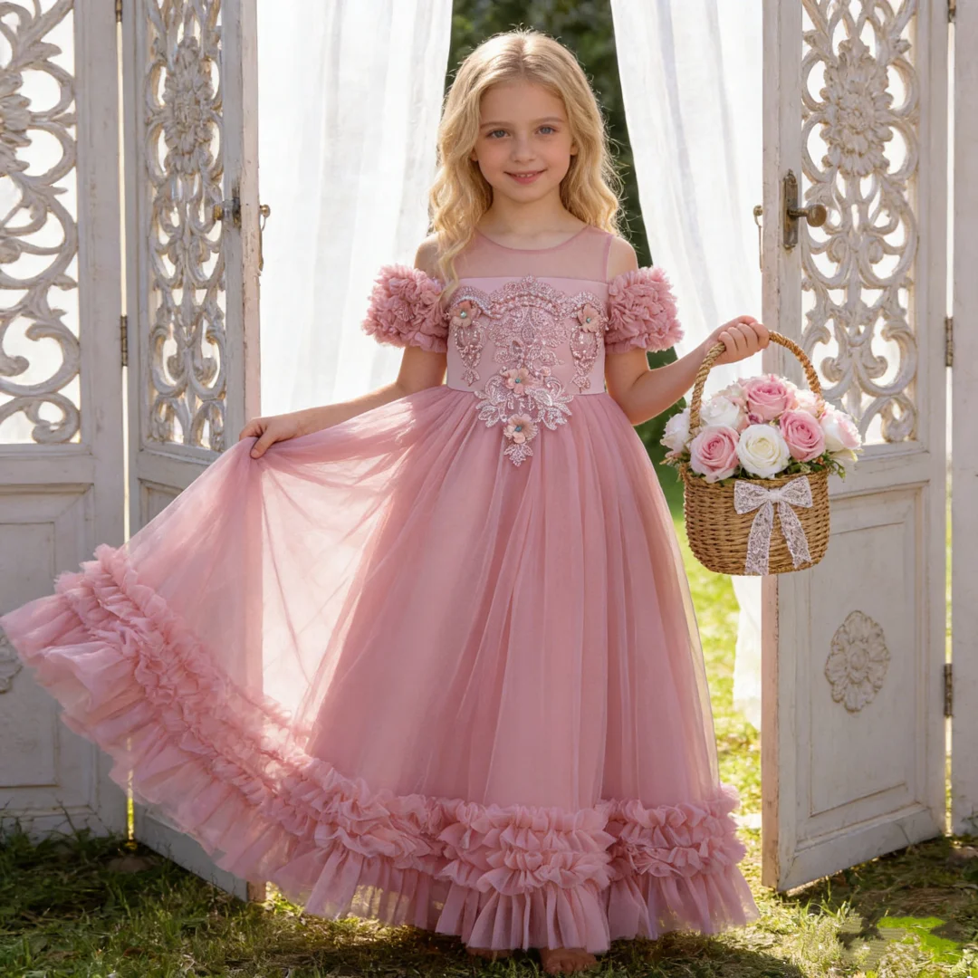 Girls Off Shoulder Sequined Light Luxury Mesh Tulle Birthday Performance Banquet Piano Emcee Fashion Show Princess Dress
