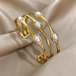 Vintage Layered Gold Plated Pearl Stainless Steel Bangles Bracelet for Women Men Bohemia Wide Open Cuff Wrist Party Jewelry Gift