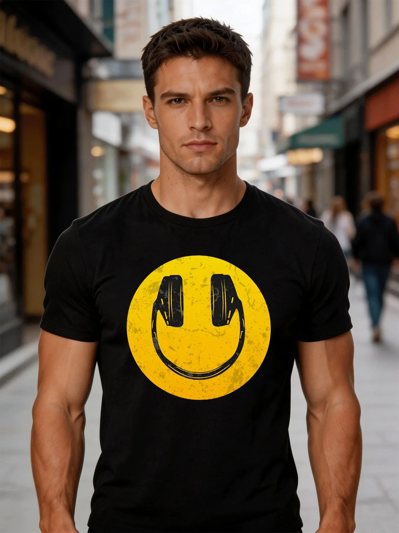 Mens Casual Short Sleeve T Shirt Vintage Headphone Smile Print Crew Neck Cotton Tee Loose Music Street Summer Tops For Adult Guy