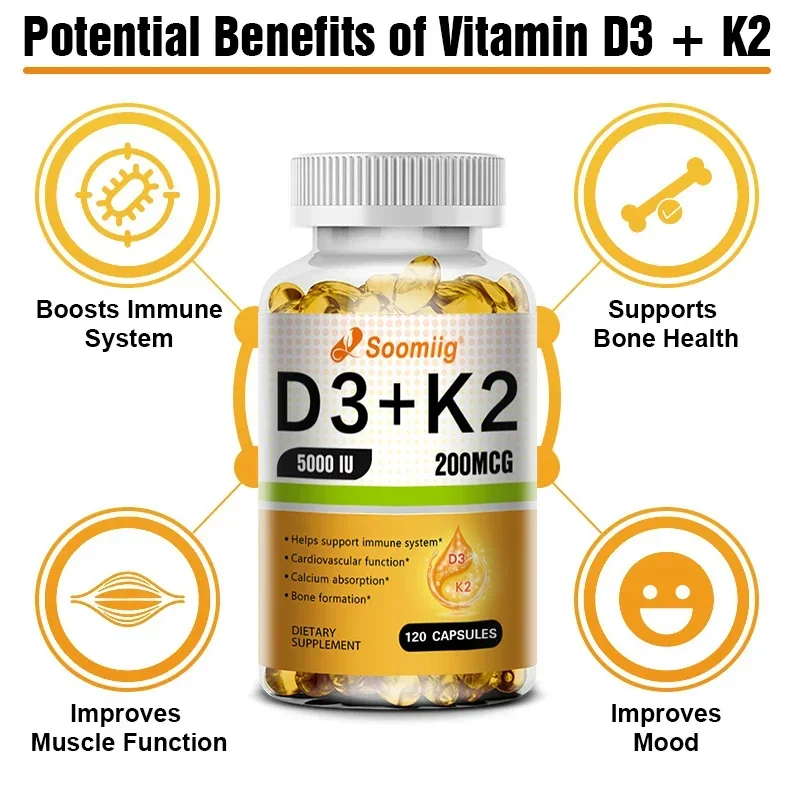 Cápsulas de vitamina D3 5000IU y 200 Mcg K2 (MK-7) para absorción de calcio, regeneración ósea, soporte inmunológico, fácil de derretir