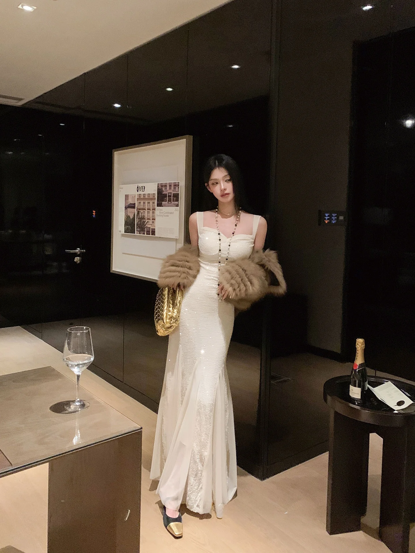 

Ele Sequin Slim Fit Evening Dr Ladylike Sle Fairy Skirt Single Piece Polyester Fiber No Sve for Daily Wear