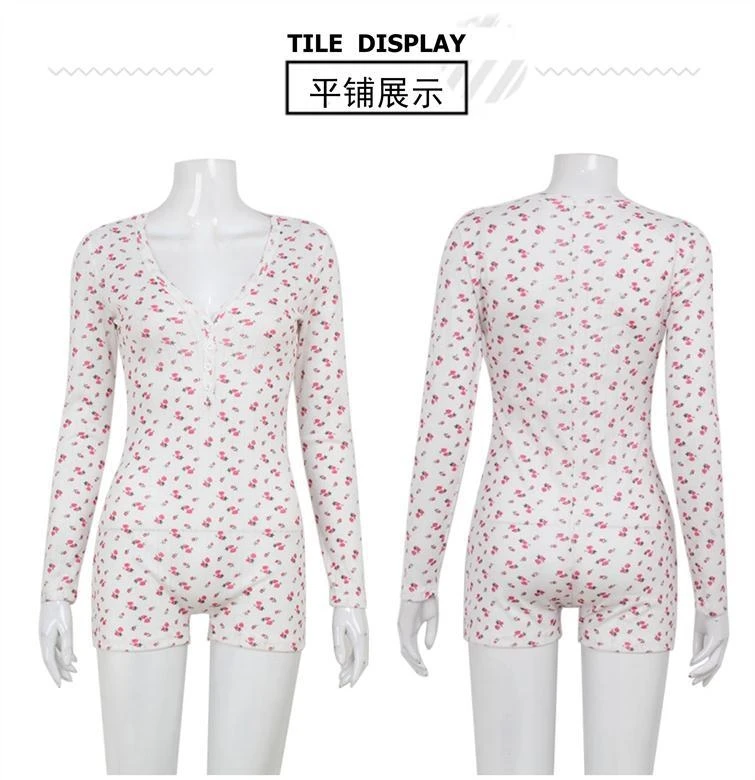 European Floral Print Onesie Pajama Women Long Sleeve V Buttons Slim Fit Short Ribbed Sleepwear Pyjama Femme Ladies Nightwear