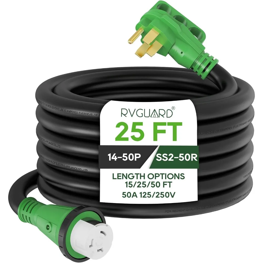 50 Amp 25 Foot RV Power Cord, 14-50P to SS2-50R Generator Extension Cord, Heavy Duty STW Cord with LED Power Indicator