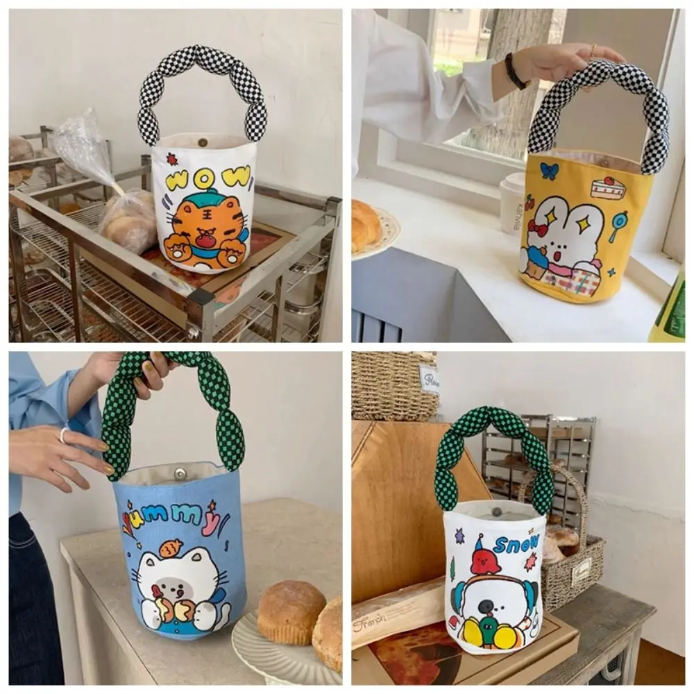 Grande capacidade Cartoon Canvas Bucket Bag, estilo coreano tigre lancheira, portátil, coelho