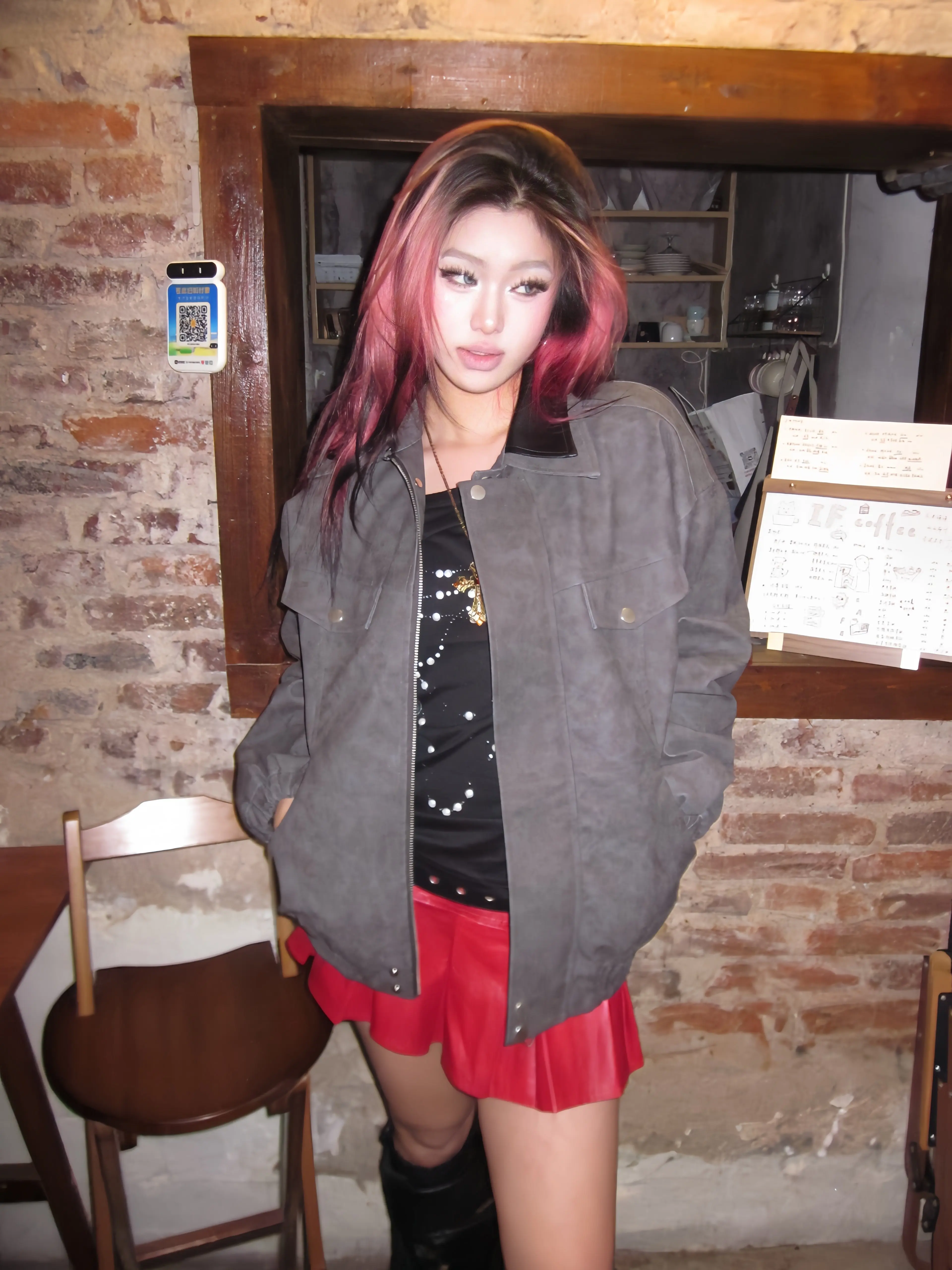 Rose Double Neck American Vintage Double Layer Design Pu Jacket
