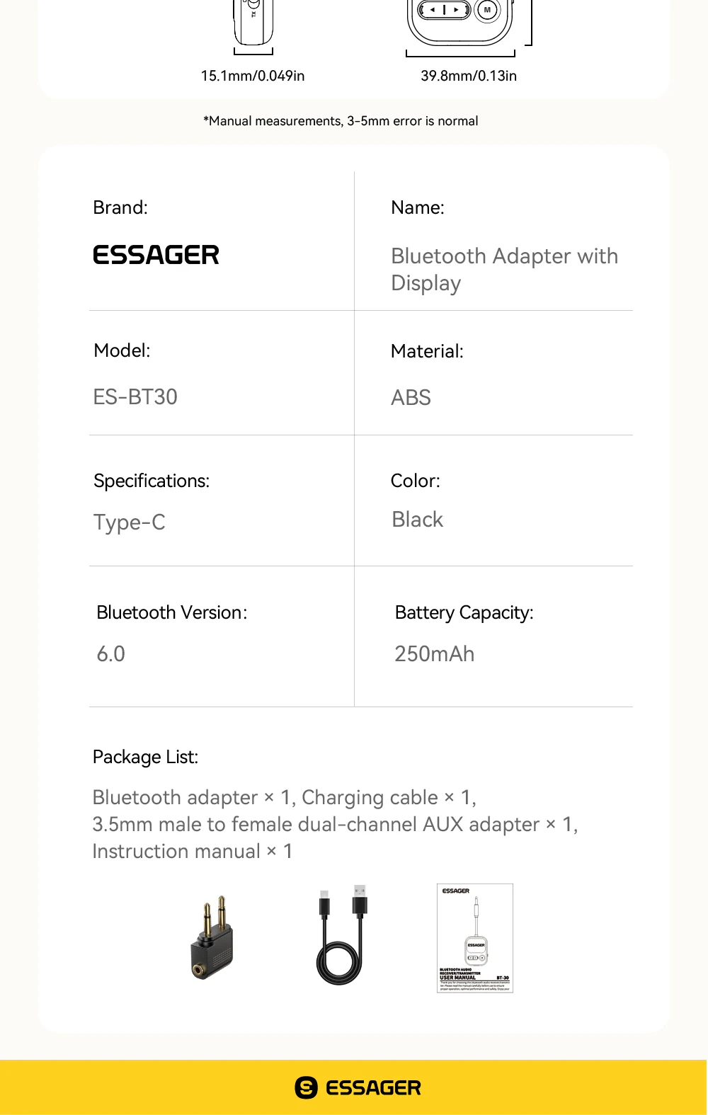 Essager Bluetooth 6.0 Sender Empfänger RT/TX 2-in-1-Adapter mit LED-Anzeige und Mikrofon für Autolautsprecher 3,5 mm AUX Bluetooth-Dongle – Detail 14