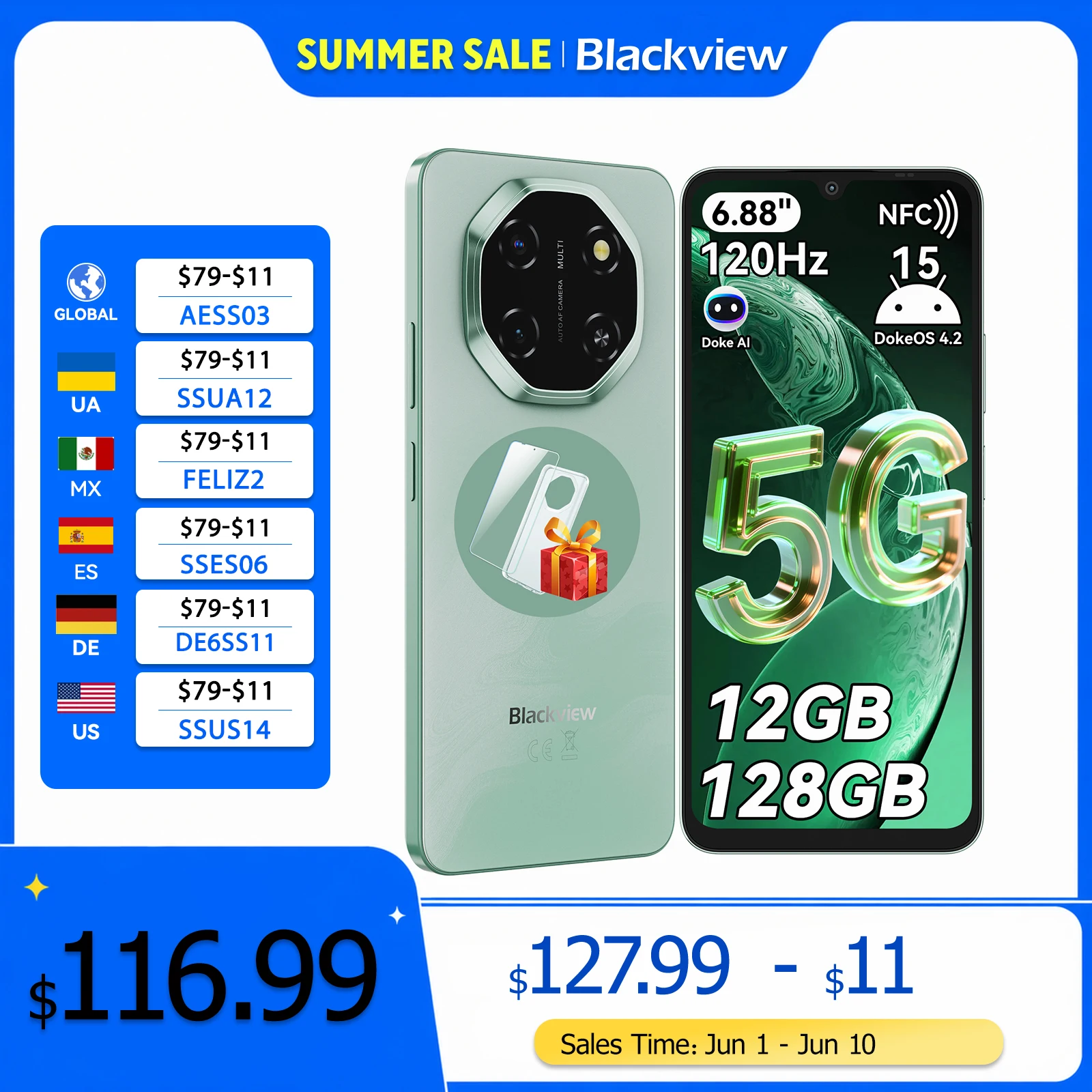 Blackview SHARK 6 5G Smartphone Android 15, Unisoc T8100 Mobile Phone 6.88'' 120Hz Display 8GB/128GB, 5000mAh Unlocked Cellphone