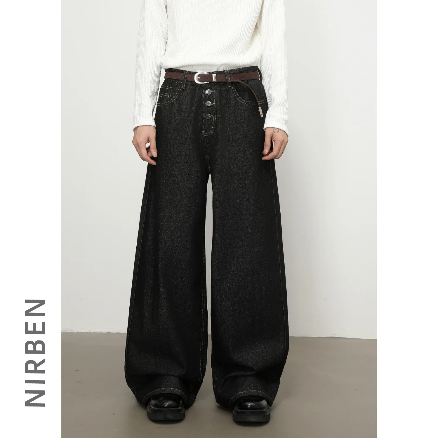 Multi-breasted Denim Black Straight Jeans Men's Trend Loose Versatile Wide Leg Pants