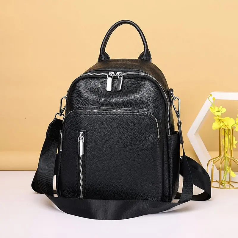 Black Genuine Leather Mini Backpack for Women Small Convertible Shoulder Bag with Front Zipper Pocket and Top Handle Daily Use