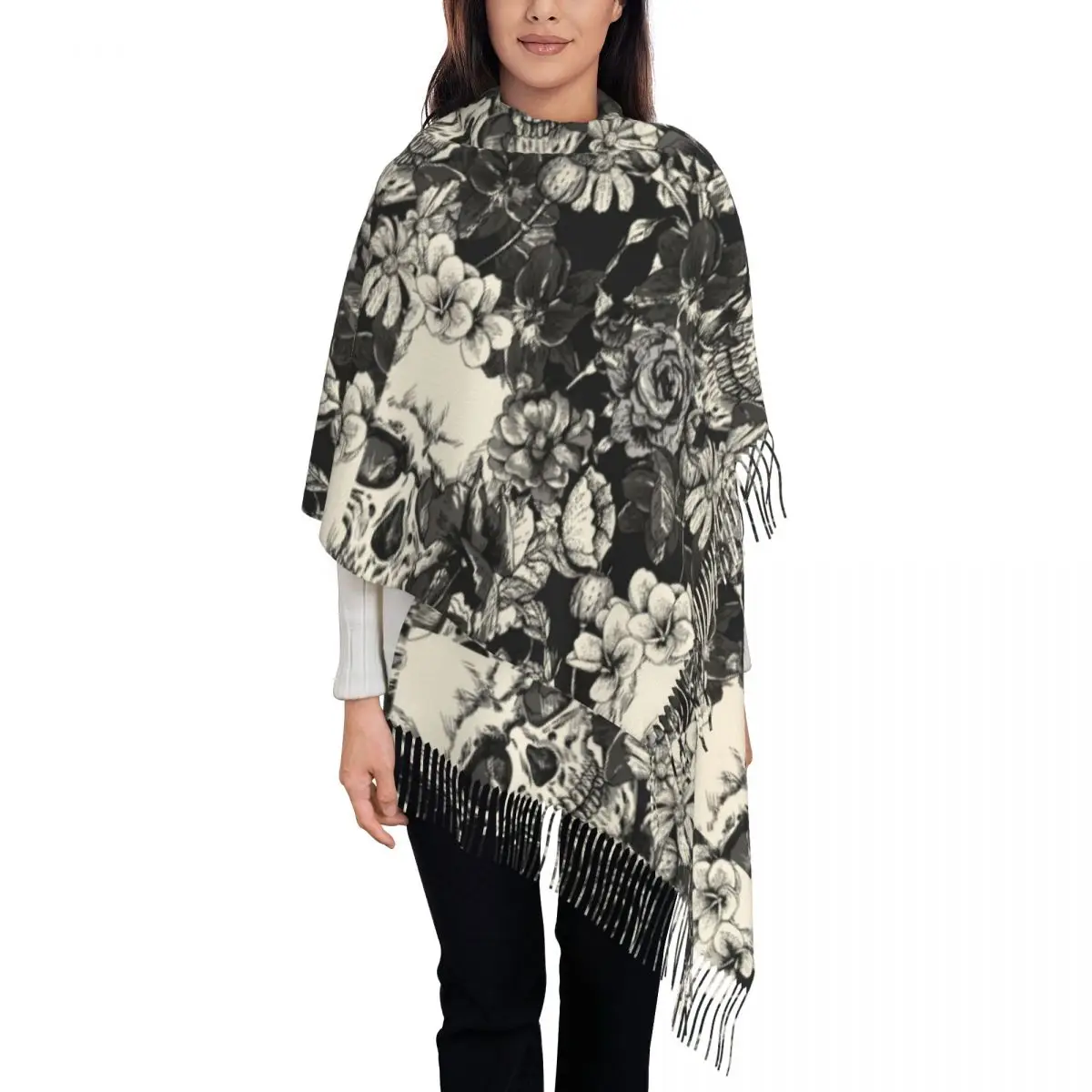 Outdoor Scarf Autumn Gothic Skulls Shawls Wrpas Horror Flowers Halloween Designer Bufanda Ladies y2k Cool Scarves Wraps