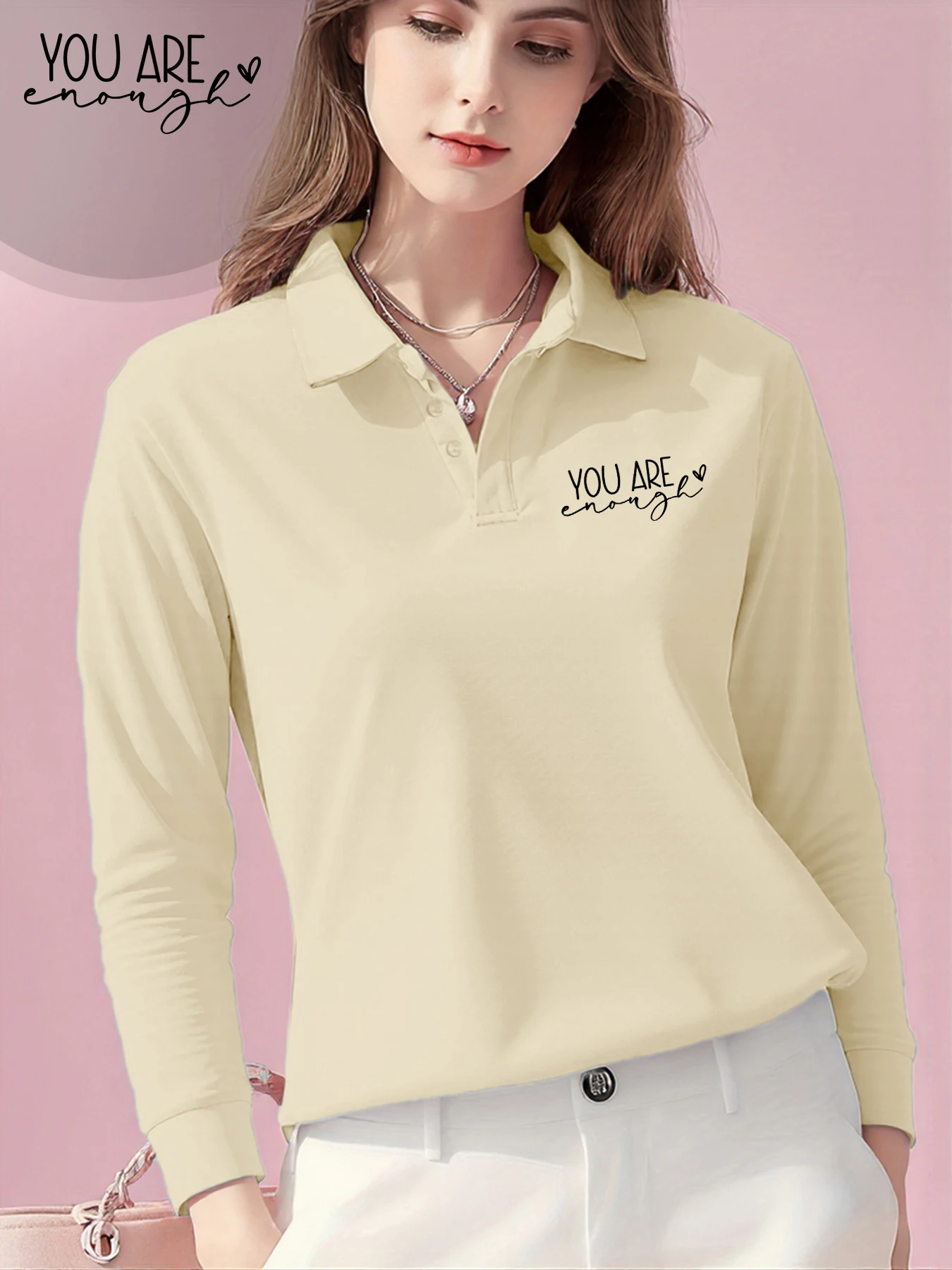 

You Are Enough Art Letter Prints Woman Fashion Casual T-Shirt Soft Autumn Golf Shirts Comfy Long Sleeve Basic Commute Polo Shirt