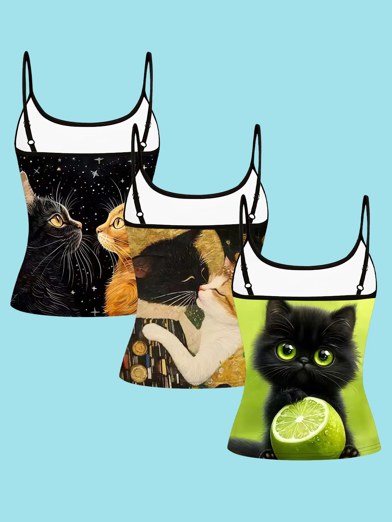 3-Piece Set of Cartoon Cat Star and Moon Gold-Patterned Camisoles, Slim-Fit and Flattering, Suitable for Wearing Inside or Outside