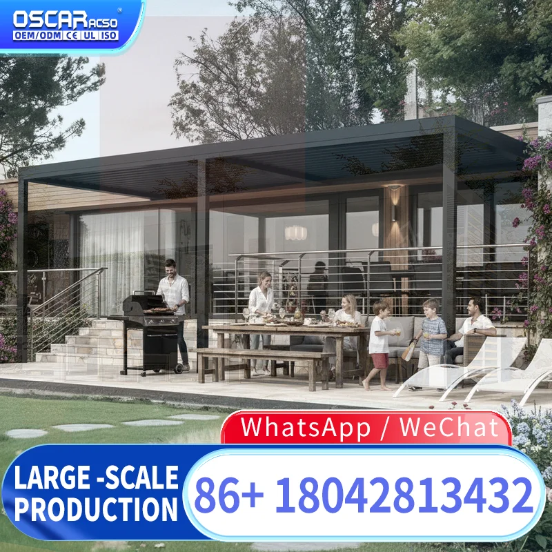 Outdoor Motorized Awning Louvered Roof Waterproof Outdoor Gazebo Sunroom Aluminum Alloy Structure for Garden Patio Balcony pergo