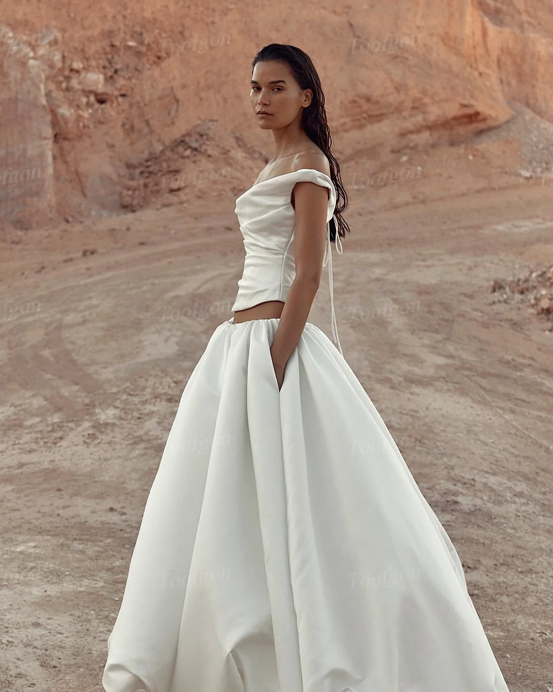 Toofgon 2 peças de cetim vestidos de casamento personalizados rendas até o chão vestidos de noiva bolsos feminino formal festa de casamento vestidos