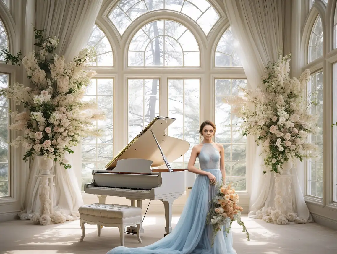 

White Piano Castle Room Grand Flower Arch Window backdrops computer print wedding Photography Studio Backgrounds