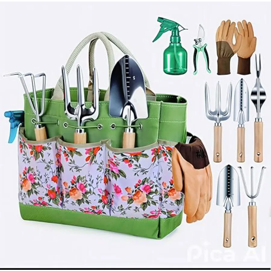 

9-Piece Garden Tool Set for Women Men Heavy Duty Stainless Steel Gardening Tools Kit with Floral Storage Bag Gardening Hand Too