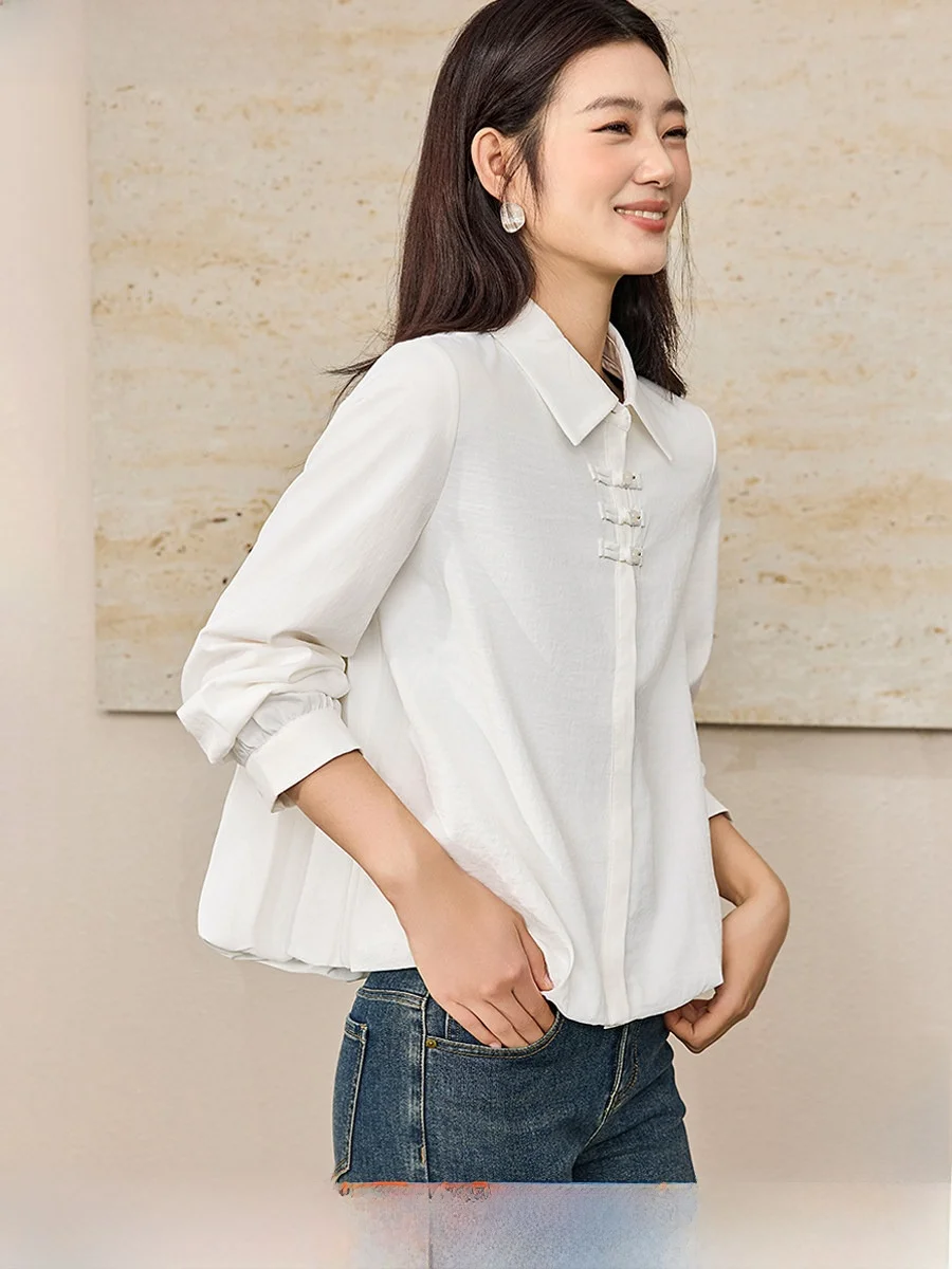 

Женская повседневная блузка Mehao в китайском стиле, новый дизайн, с отложным воротником, пэчворк, весна 2026, из полиэфирного волокна