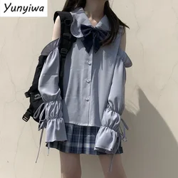 Women Shirts Loose Lovely Sweet Students Japanese Style Lolita Female School Bow Off-shoulder Lace-up Solid Leisure Blouse New