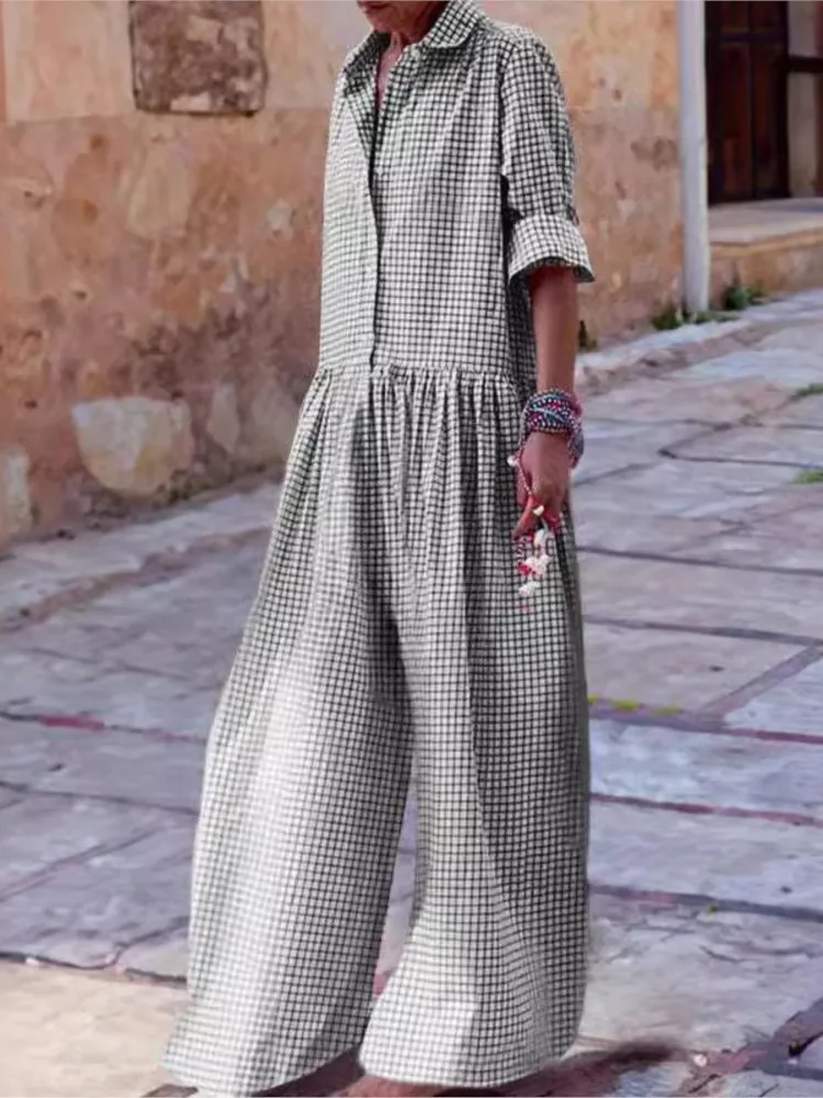 Women's Loose Casual Plaid Printed Jumpsuit Fashion Lapel Single Breasted Half Sleeve Wide Leg Jumpsuit Spring Autumn Lady New