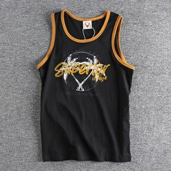 433# Summer New American Retro Sleeveless O-neck Letter Printed T-shirt Men's Fashion 100% Cotton Washed Casual Sports Vest Tops