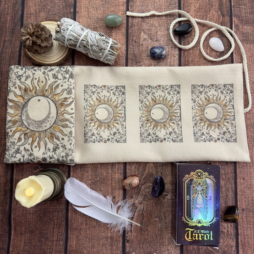 Sun & Moon Tarot Storage Bag with Flowers & Plants Design Tarot Table Cloth For Divination Durable Fabric Sunflower Wrap Pouch