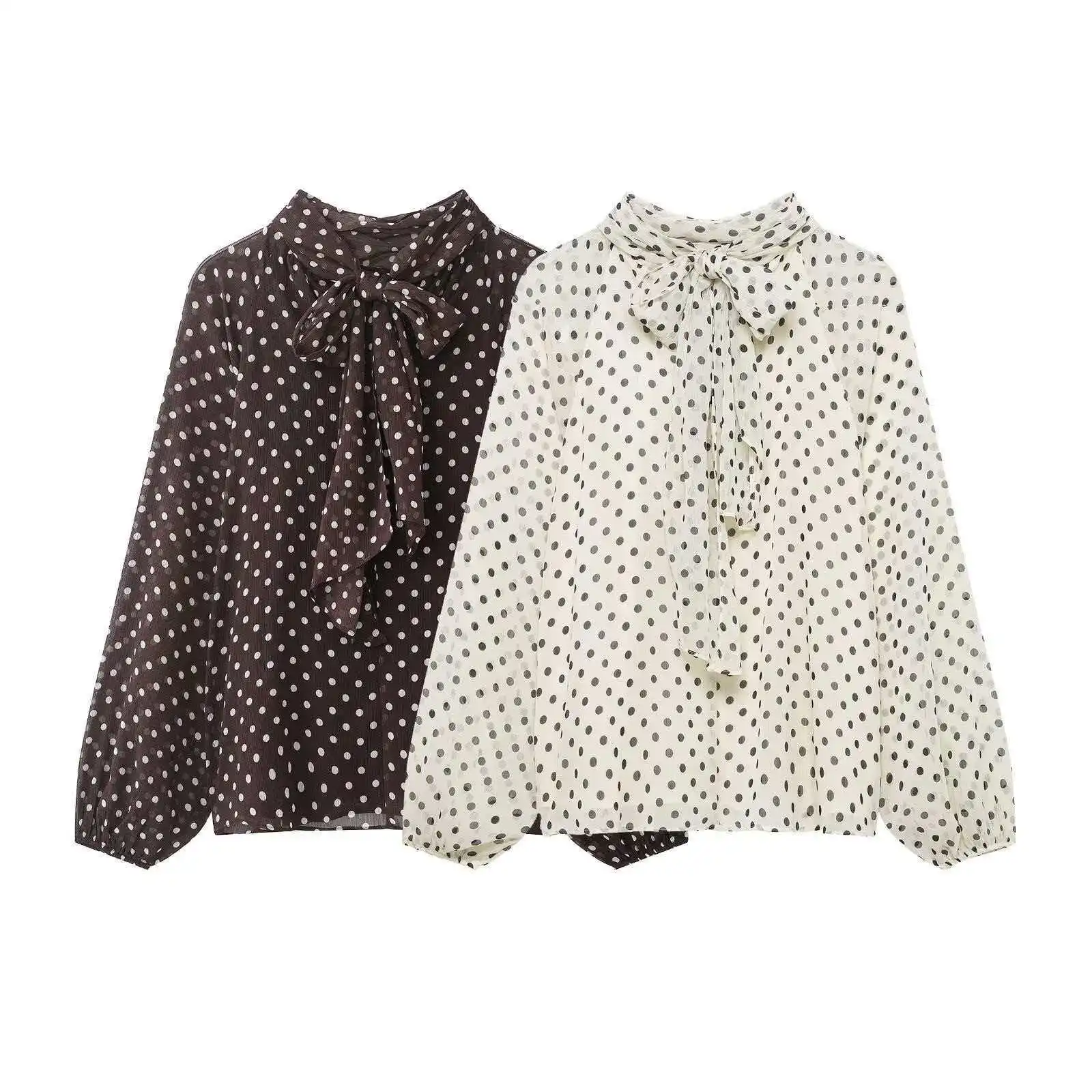 

Женская элегантная блузка в горошек с бантом на воротнике, длинными рукавами, из шифона, повседневная, свободного кроя, для офиса, винтажный топ с принтом в горошек