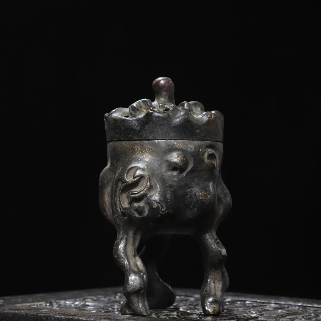 Old Bronze Gilded Cinnabar Tree root texture Stump shaped three legged incense burner Town house Exorcism