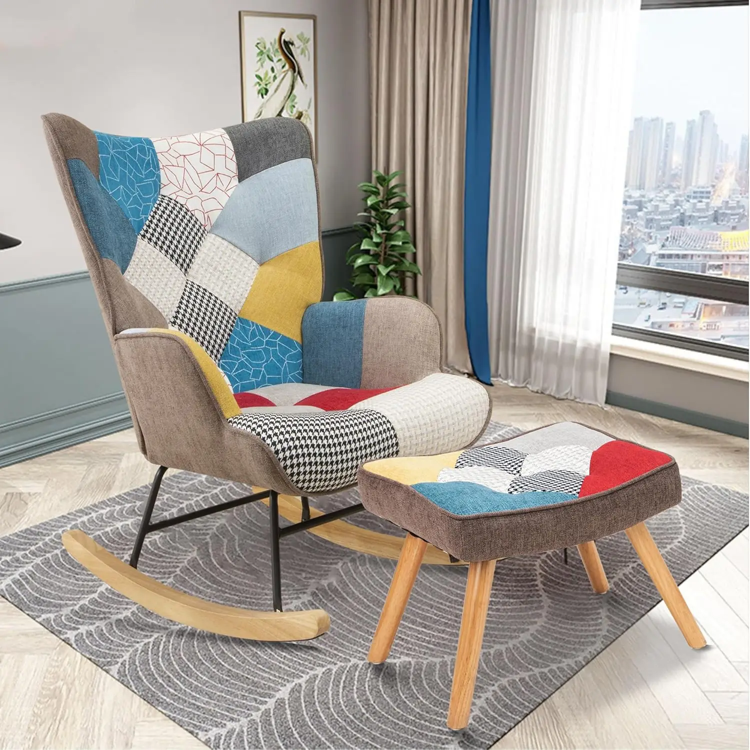 

Patchwork Rocking Chair with Ottoman Upholstered Rocker Accent Chairs with High Backrest Small Glider Chair Comfy Side Armchair