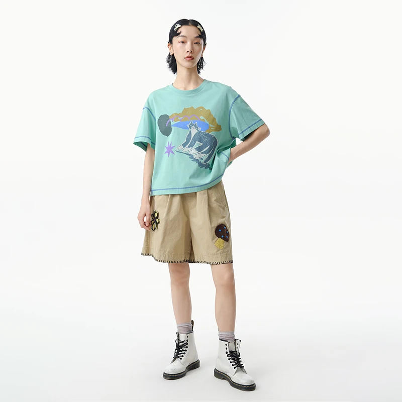 MOVEUP Oversize Short Sleeves Round Neck T-Shirt 2026 Summer Contrast Color Cartoon Cat Printing Casual Top For Women 325110552