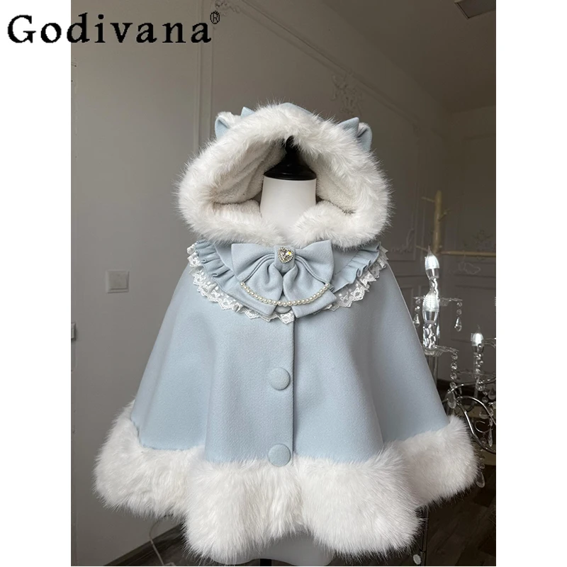 2025 New Japanese Style Original Bow Lolita Coat Sweet Girl Cute Doll Feel Fleece Lined Cape Wool Hooded Coat