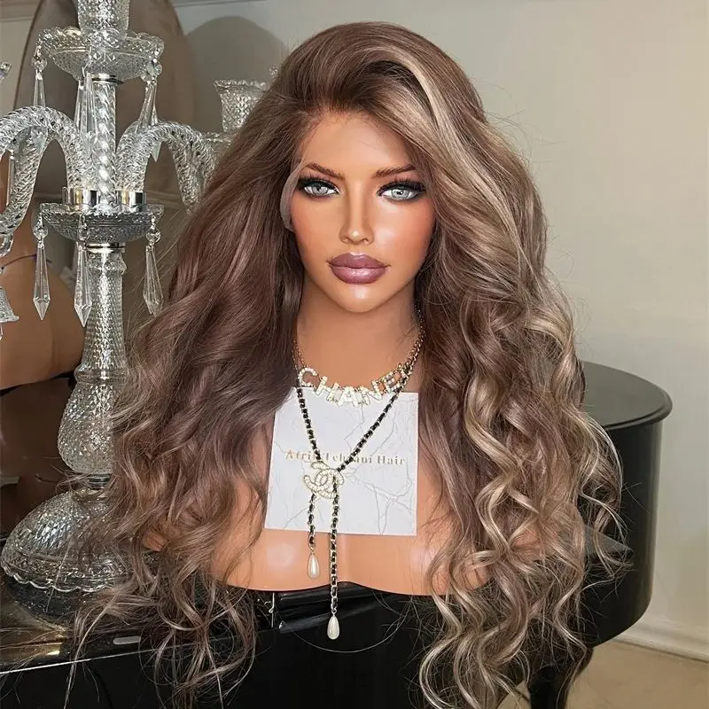 

Синтетический парик с эффектом омбре: шоколадно-коричневый с блондинистыми прядями, HD-кружево, 180% плотность, прозрачный фронтальный парик для женщин.