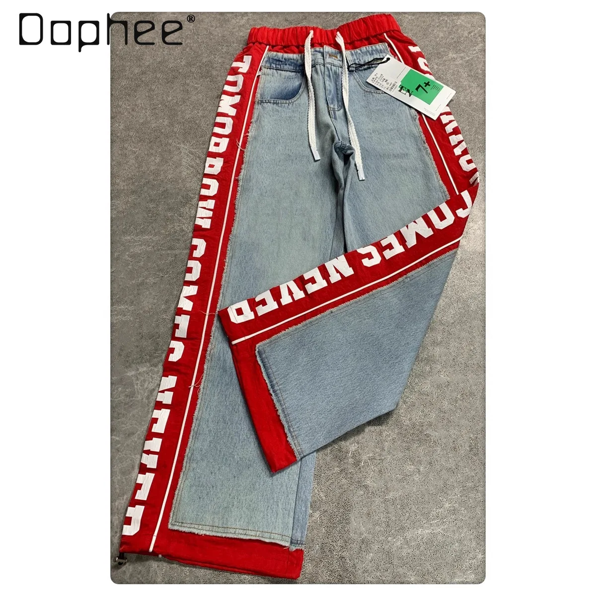 

Red Knitted Cotton Contrast Women's Jeans Spring Autumn Patchwork Letter Printing Elastic Band Drawstring Long Pants Black Jeans