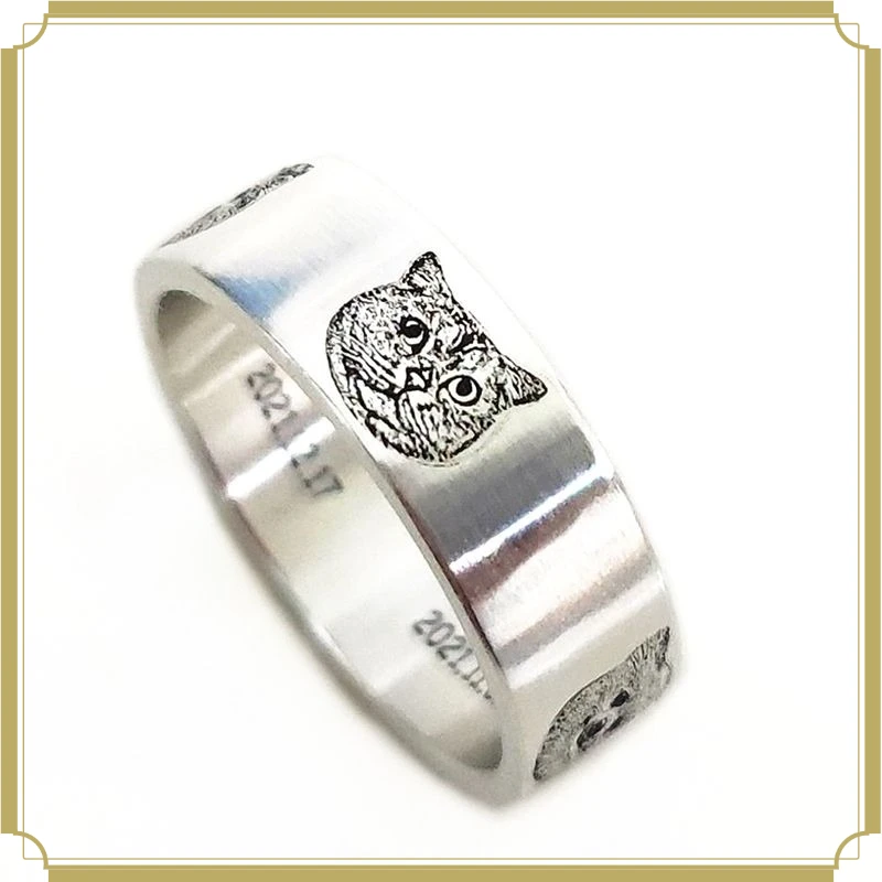Customized Pet Cat and Dog Avatar Engraving Ring 999 Sterling Silver Commemorative Gift Cartoon Portrait Photo Ring
