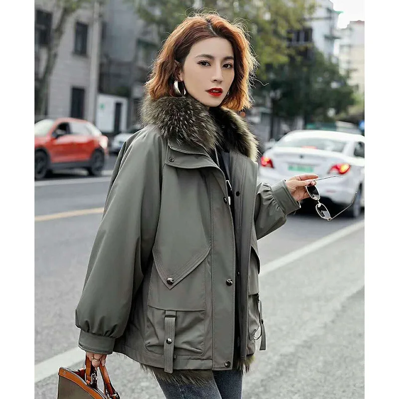 Women's New Detachable Raccoon Dog Fur Collar Coat Korean Style Rabbit Hair Inner Liner Fox Hair Female Motorcycle Jacket