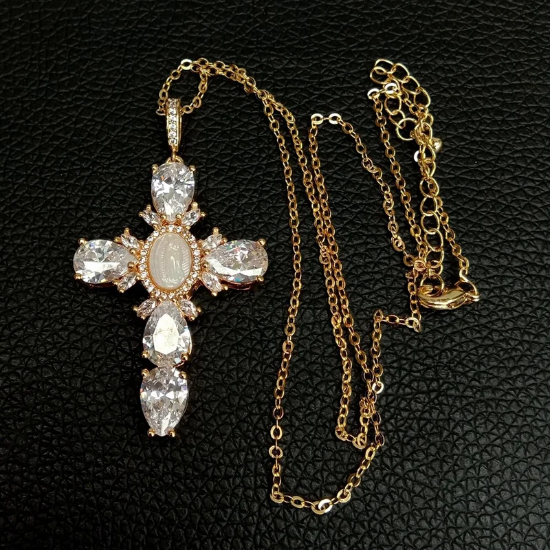 

17.5" Virgin Mary Cross Pendant nelace shell pearl Cubic Zirconia Nelace