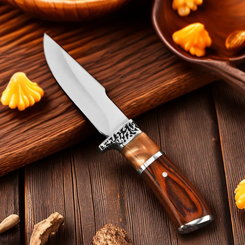 New outdoor knife with resin rosewood handle easy to carry straight blade EDC multipurpose fruit knife highend knife with shea image 5