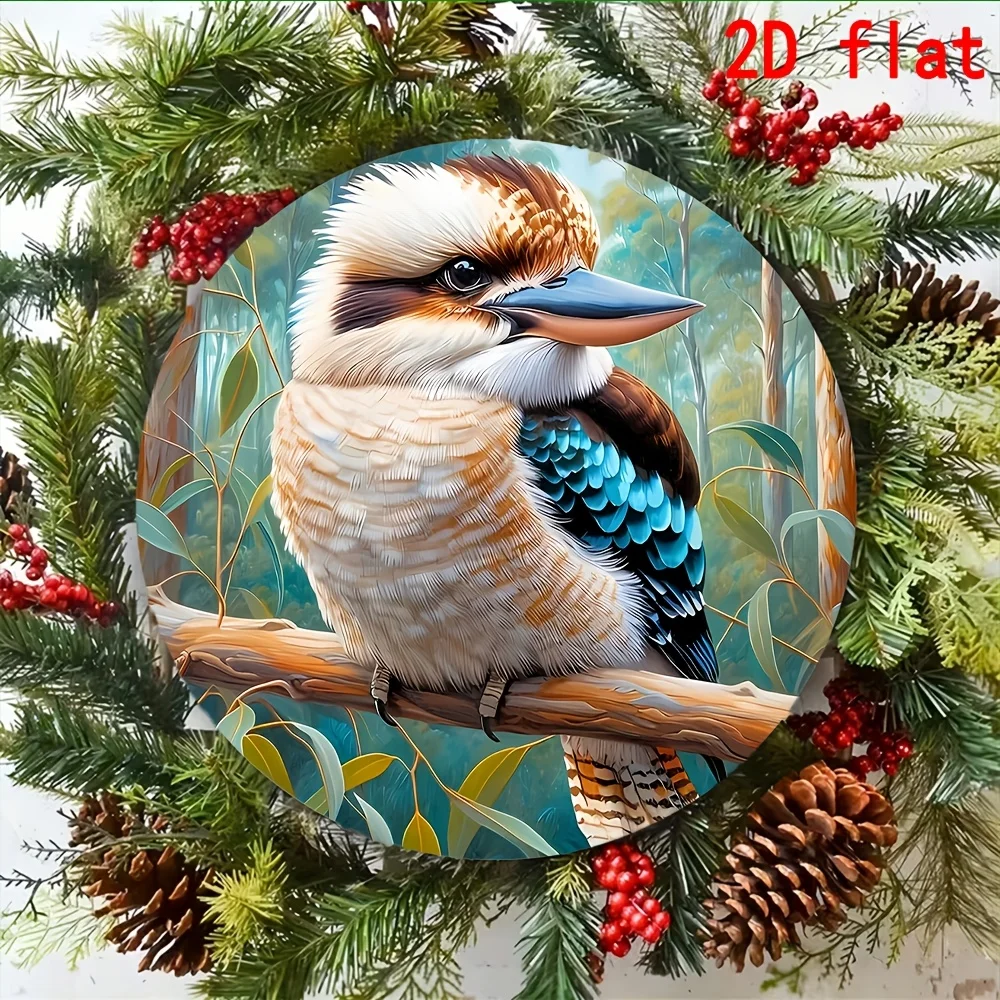 2D Flat, Featuring a Laughing Kookaburra in the Forest as the Theme, Vintage Decorative Plaque and Ornament, Round Metal Panel A