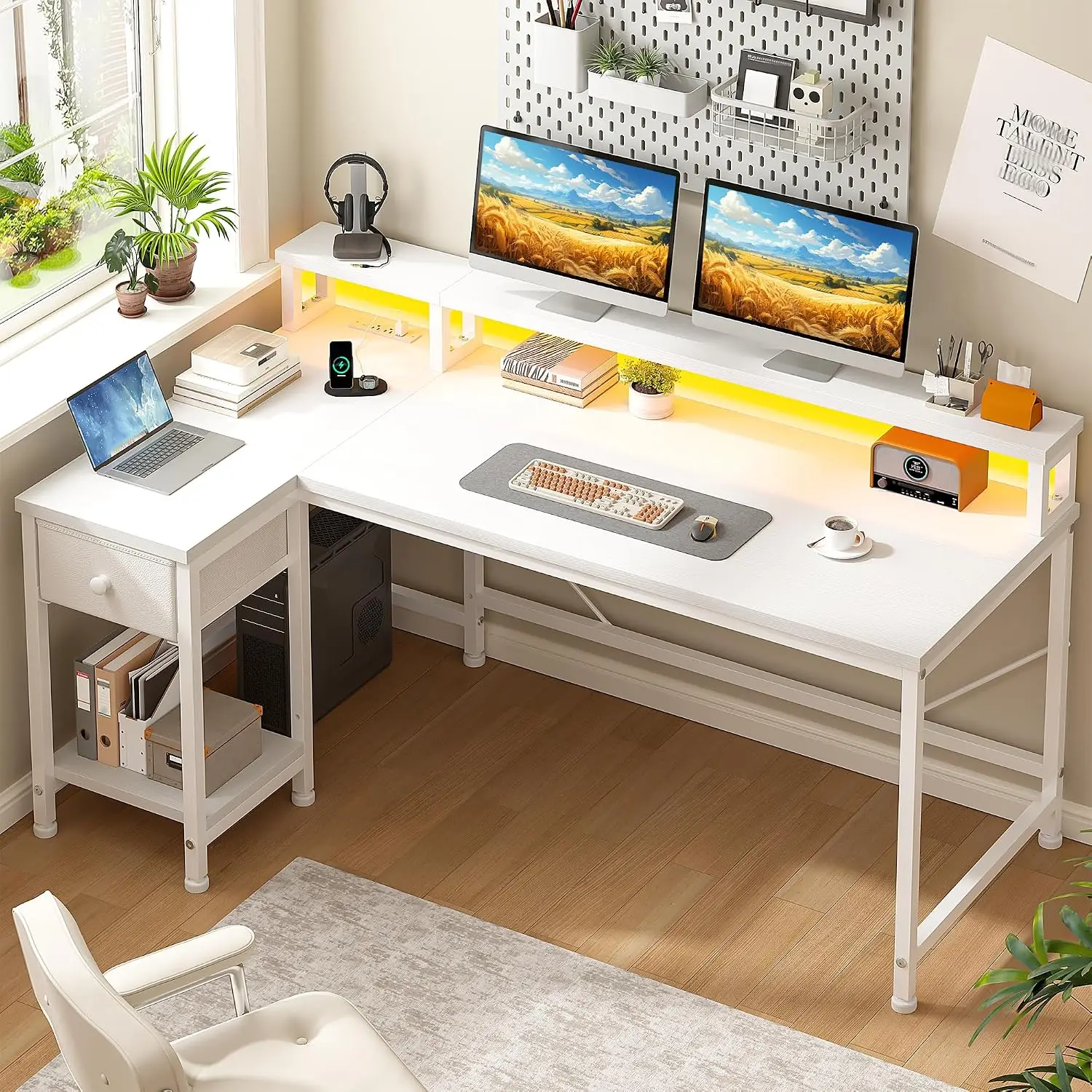 48” L Shaped Gaming Desk with LED & Power Outlets | Corner Desk with 5.5”H Monitor Stand,Ample Legroom&Under-desk, Customized