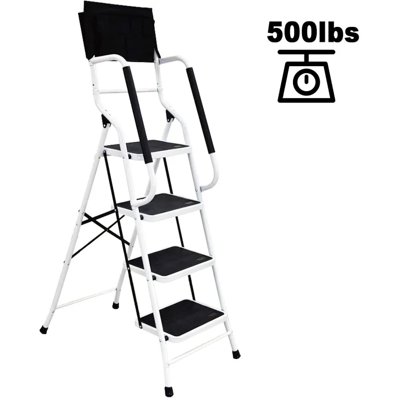 Step Ladder 4 Step with Handrails 500 lb Capacity Step Stool Folding Portable Ladders for Home Kitchen Steel Frame