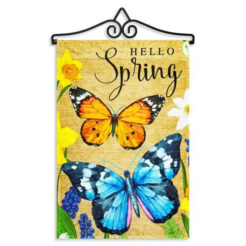 Garden Flag Hello Spring Butterflies Flowers 12x18IN & Hanger 14IN Printed Poly